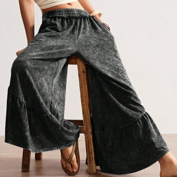 Pants - Black Casual Women's Knit Loose Wide-Leg Washed Pants